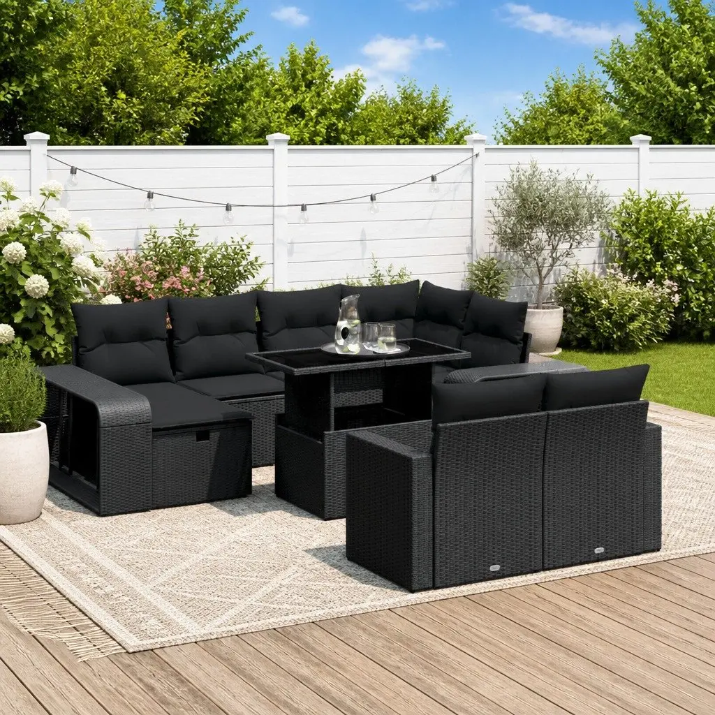 11PieceBlackPErattanGardenSofaSetwithCushionsAdjustableTableforOutdoorPatioLiving