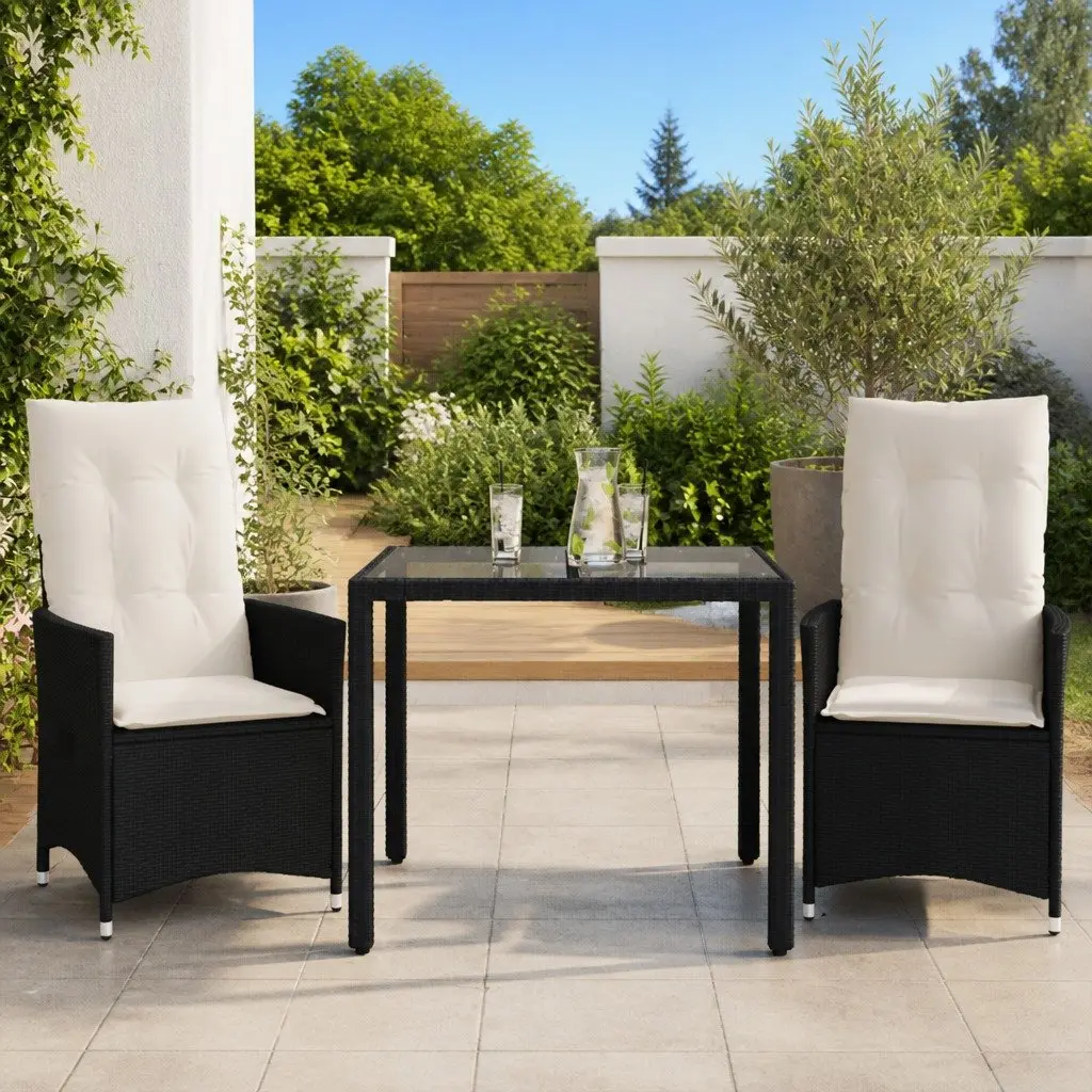 Outdoor Bistro Set Black Poly Rattan 3 Piece with Cushions