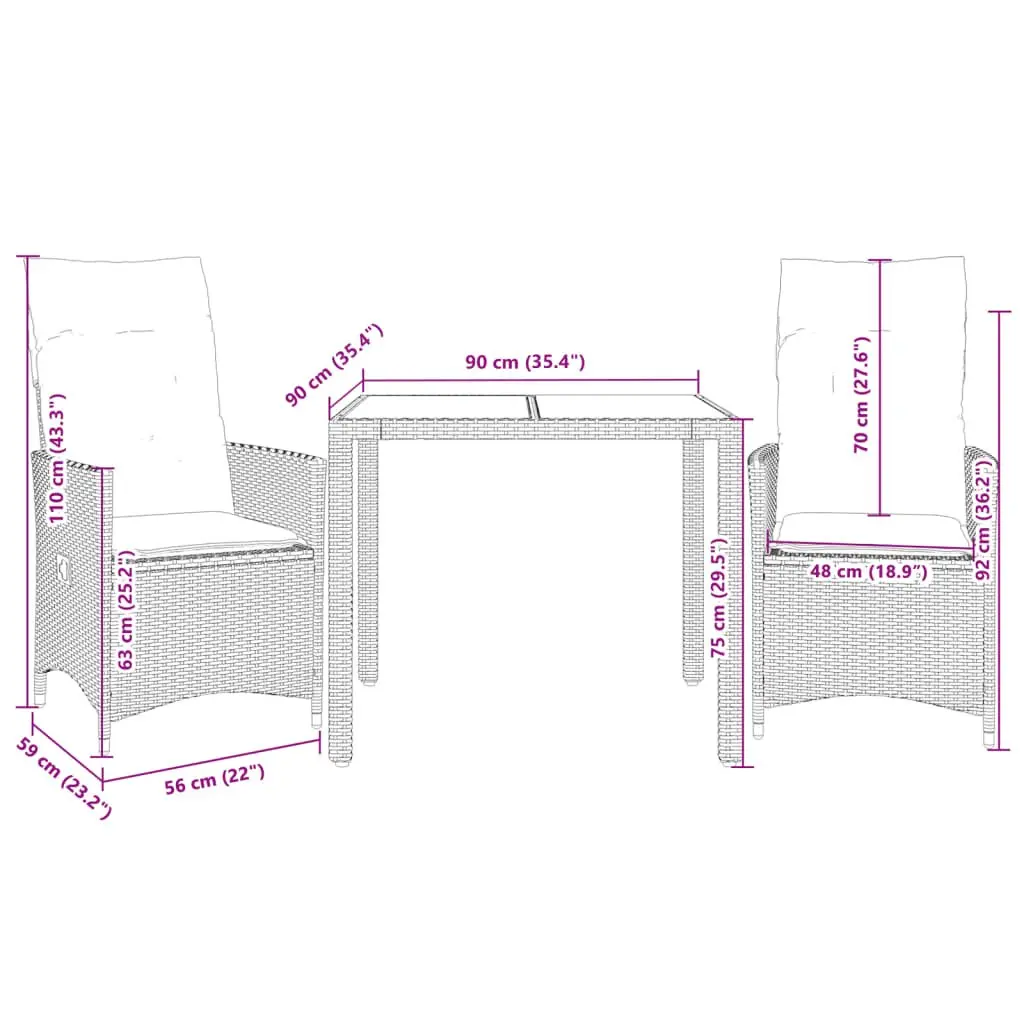 Outdoor Bistro Set Black Poly Rattan 3 Piece with Cushions