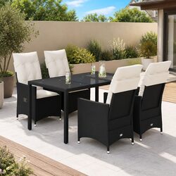 5 Piece Outdoor Dining Set Black Poly Rattan Garden Furniture with Cushions