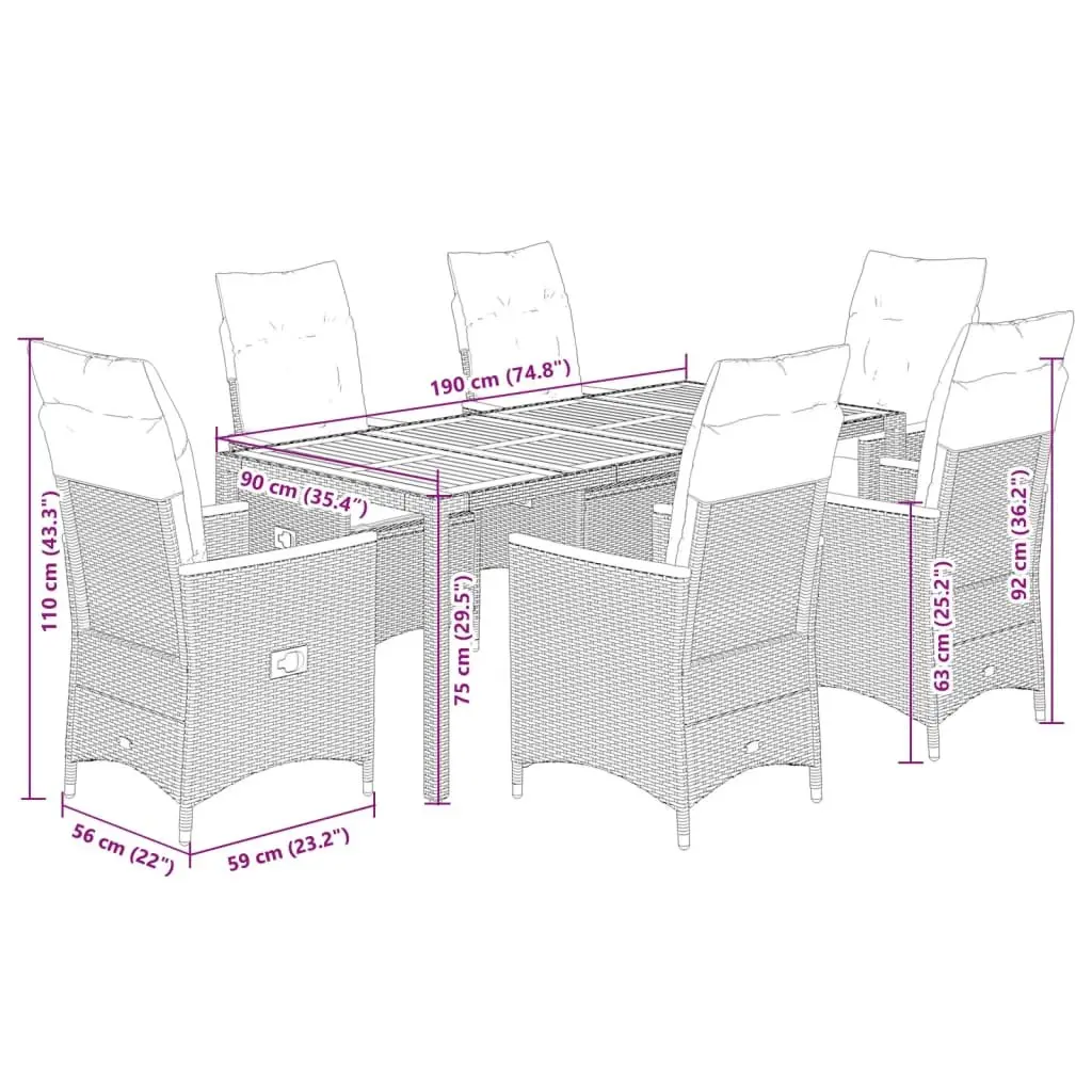 Outdoor Dining Set 7 Piece Grey PE Rattan Garden Furniture with Cushions