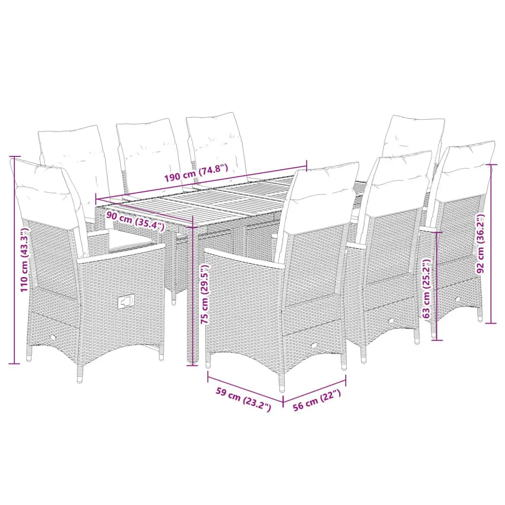 Garden Dining Set 9 Piece Outdoor Furniture Grey Poly Rattan with Cushions Patio