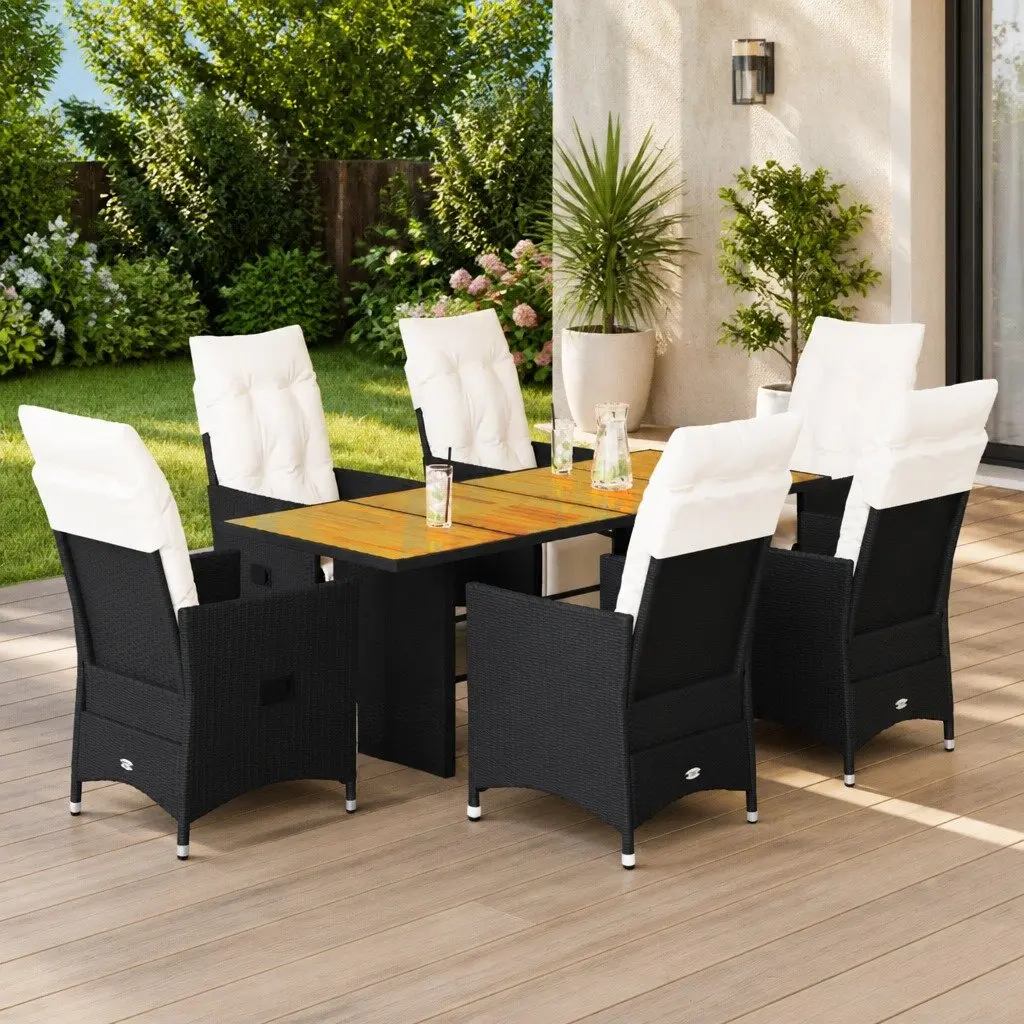 7 Piece Garden Dining Set Black Poly Rattan with Cushions Adjustable Backrest and Footrest
