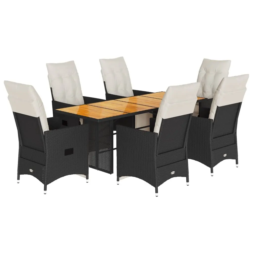 7 Piece Garden Dining Set Black Poly Rattan with Cushions Adjustable Backrest and Footrest