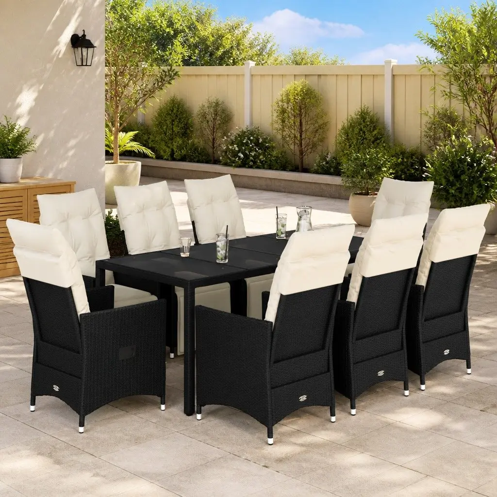 Garden Dining Set 9 Piece Outdoor Furniture PE Rattan Table with Tempered Glass Top and Cushions