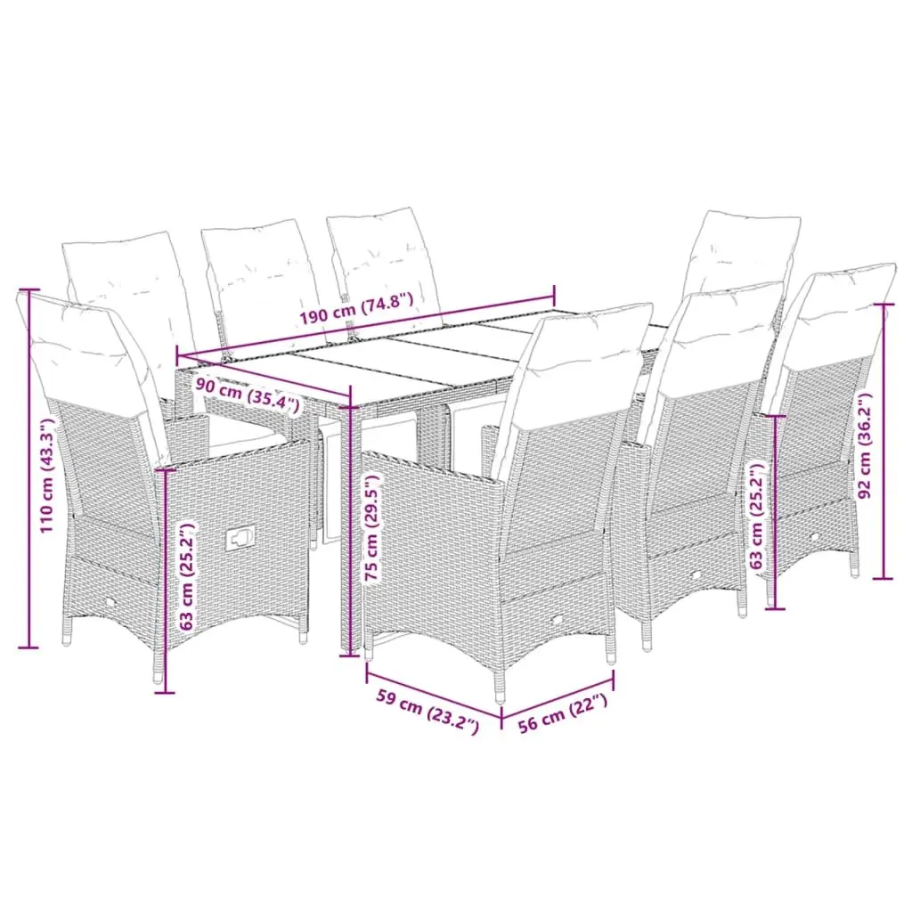 Garden Dining Set 9 Piece Outdoor Furniture PE Rattan Table with Tempered Glass Top and Cushions
