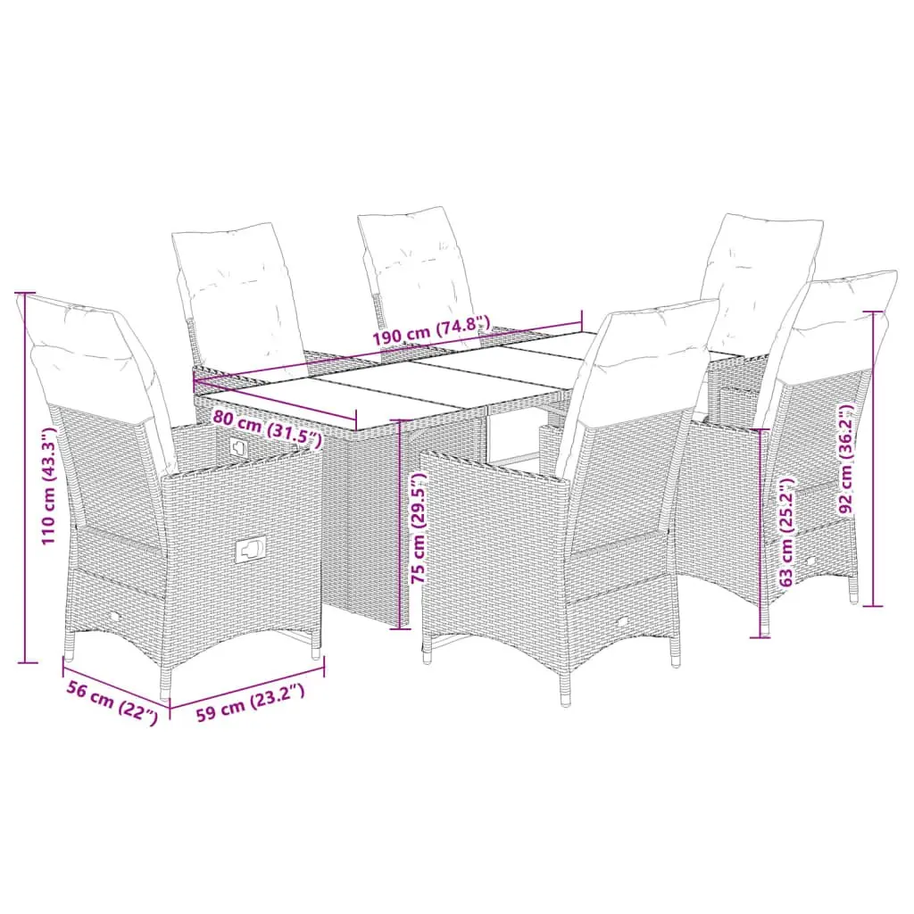 Garden Bistro Set 7 Piece Grey Poly Rattan Outdoor Furniture with Cushions