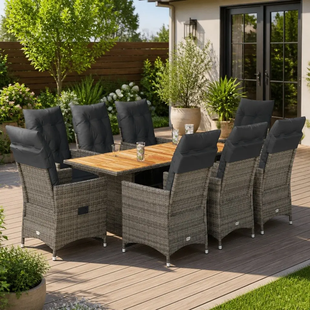 Garden Bistro Set 9 Piece Outdoor Furniture Grey Poly Rattan Adjustable Cushions