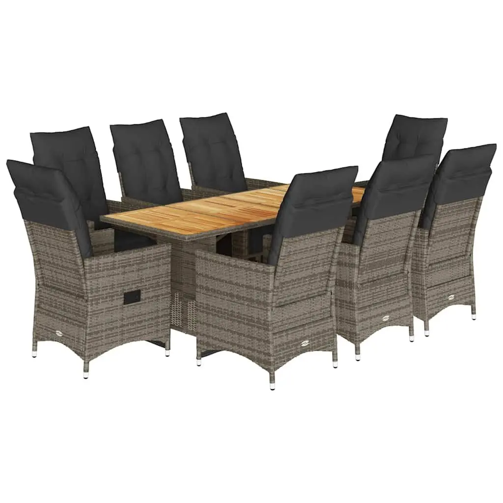 Garden Bistro Set 9 Piece Outdoor Furniture Grey Poly Rattan Adjustable Cushions