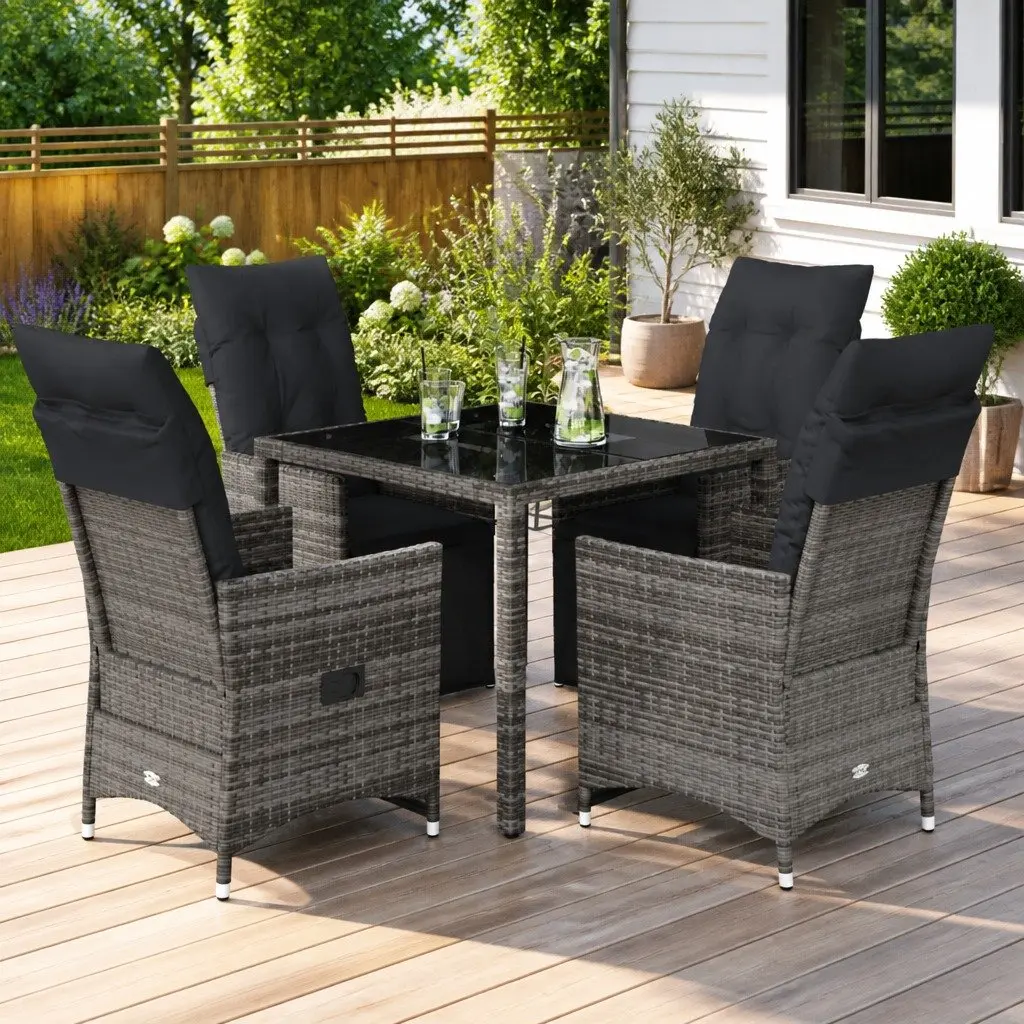 Garden Bistro Set 5 Piece Grey Poly Rattan Outdoor Furniture with Cushions and Tempered Glass Table