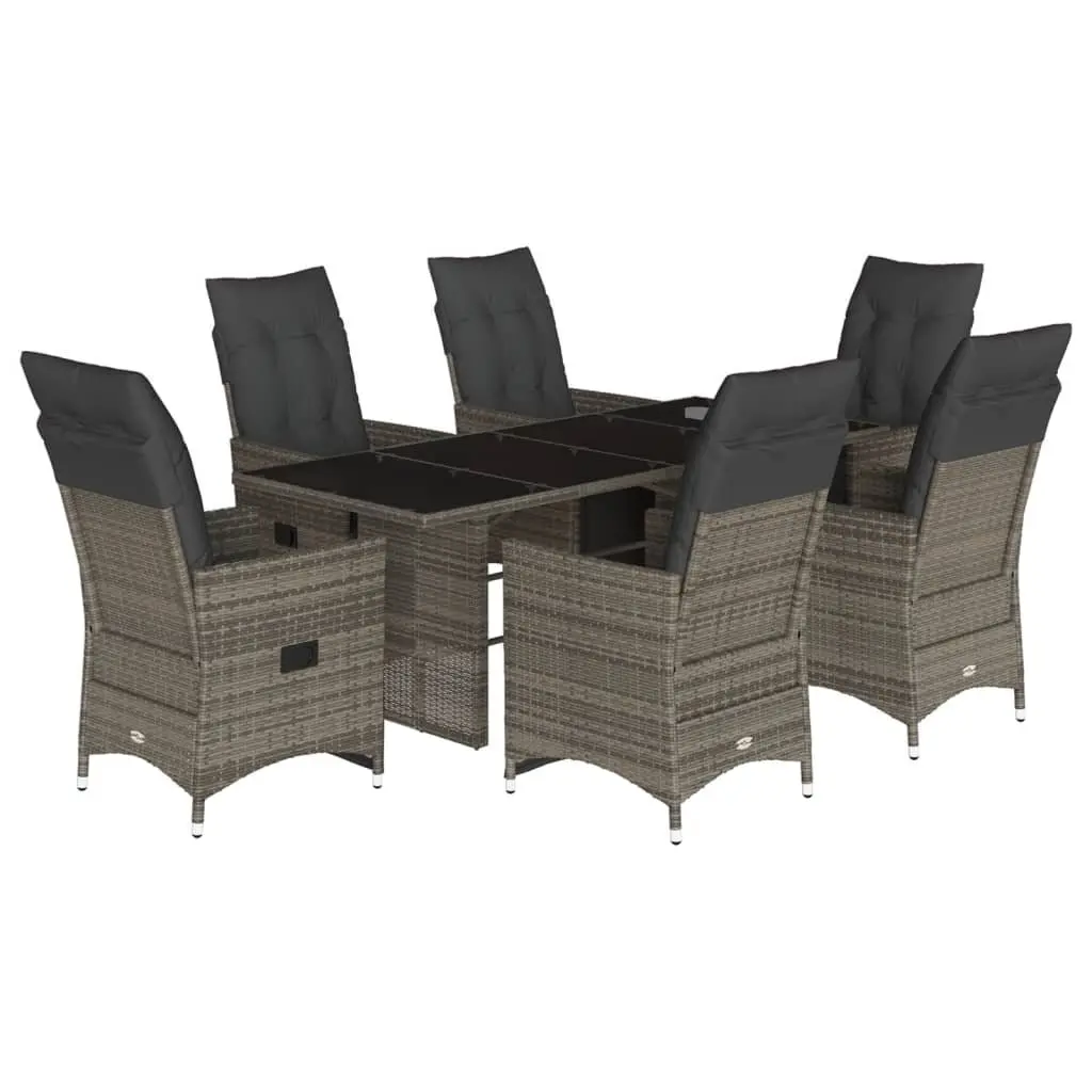 7 Piece Outdoor Bistro Set Grey PE Rattan Furniture with Cushions and Tempered Glass Table