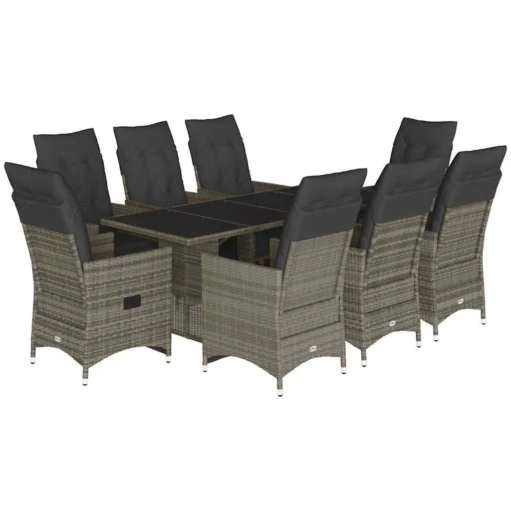 Garden Bistro Set 9 Piece Grey Poly Rattan Outdoor Furniture with Cushions