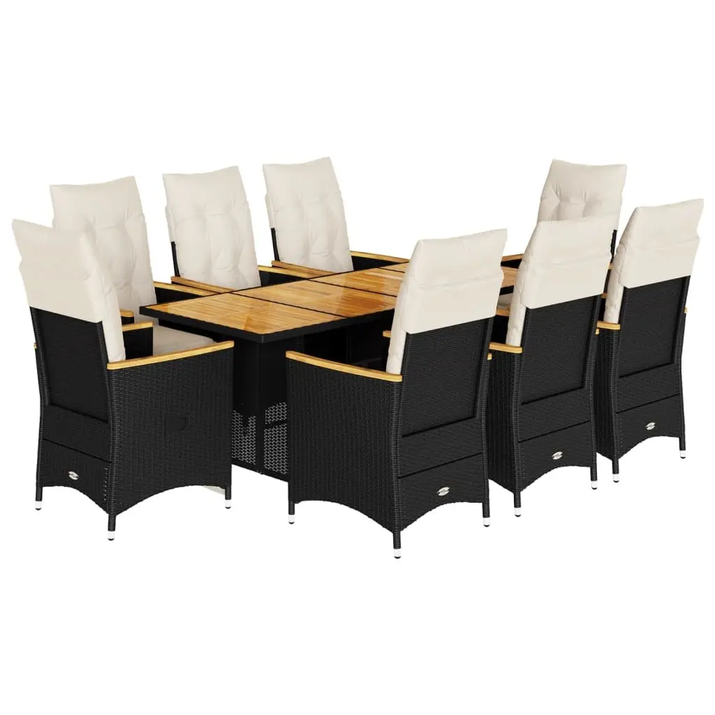 9 Piece Garden Bistro Set Black Poly Rattan with Cushions