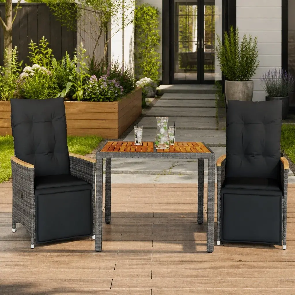 Outdoor Bistro Set 3 Piece Adjustable Backrest Grey Poly Rattan with Cushions