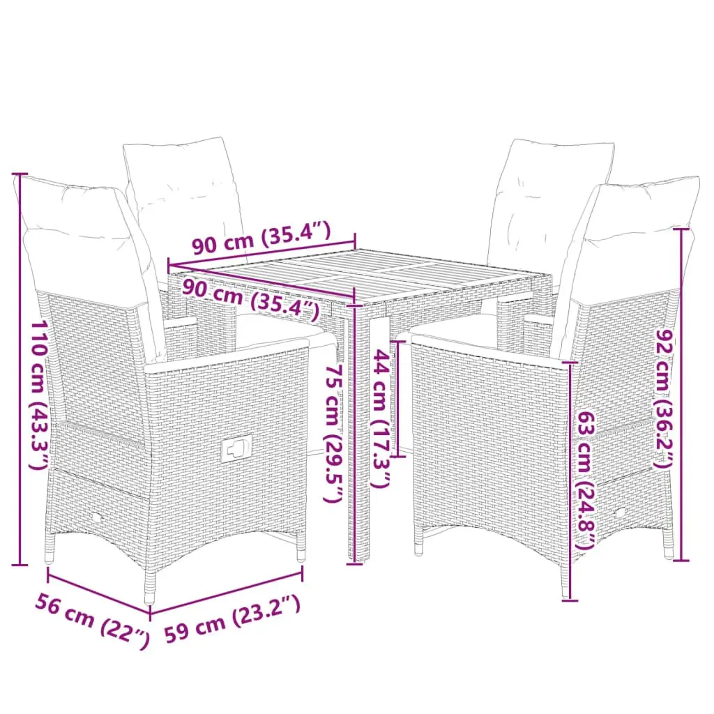 5 Piece Outdoor Bistro Set Cushioned Grey Poly Rattan with Acacia Wood Table