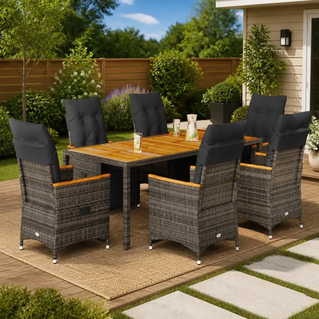 7 Piece Outdoor Furniture Garden Bistro Set with Cushions Acacia Wood Table Grey Poly Rattan