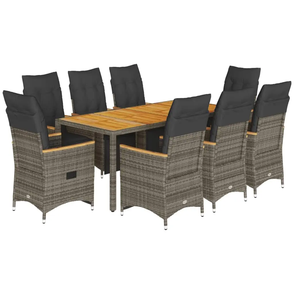 Garden Bistro Set Grey Poly Rattan 9 Piece Outdoor Furniture with Cushions