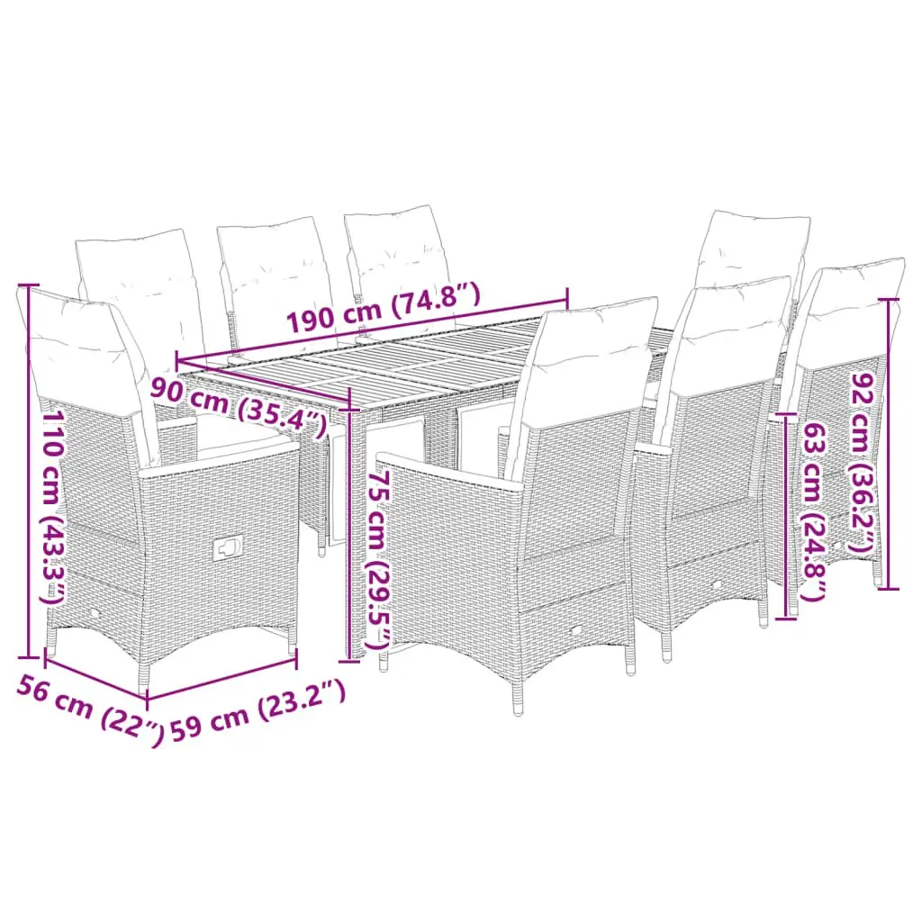 Garden Bistro Set Grey Poly Rattan 9 Piece Outdoor Furniture with Cushions
