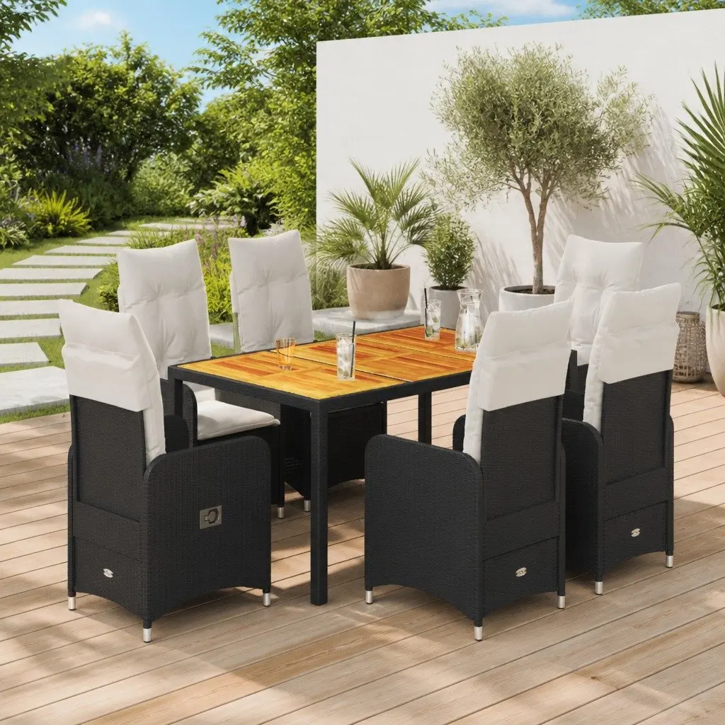 7 Piece Garden Bistro Set Adjustable Backrest Black Outdoor