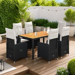 7 Piece Garden Bistro Set Black Poly Rattan Outdoor Furniture with Cushions