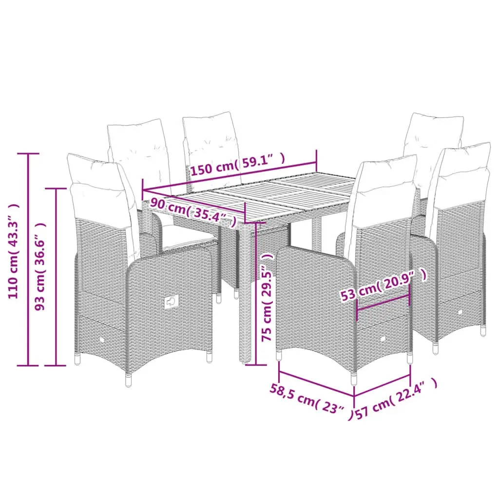 7 Piece Outdoor Bistro Set Adjustable Backrest Cushions Black Poly Rattan Furniture