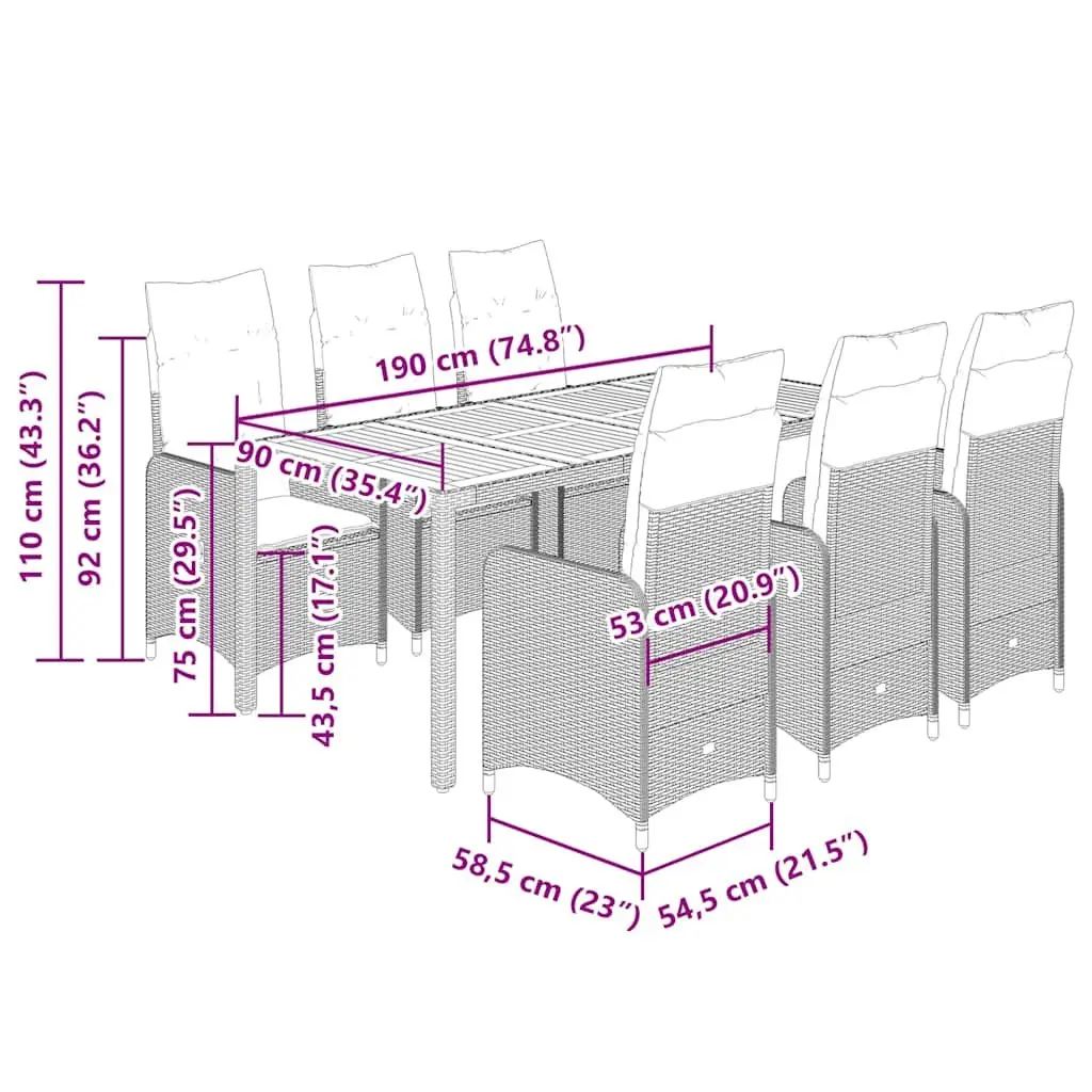 Garden Bistro Set 9 Piece Outdoor Furniture Adjustable Backrest Black Poly Rattan