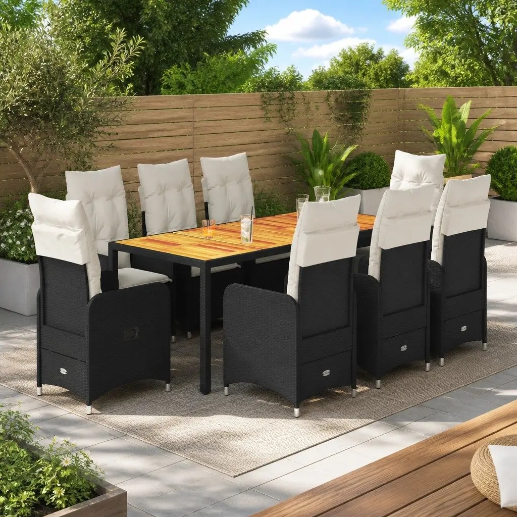 Garden Bistro Set 9 Piece Outdoor Furniture Black Poly Rattan Chairs Table