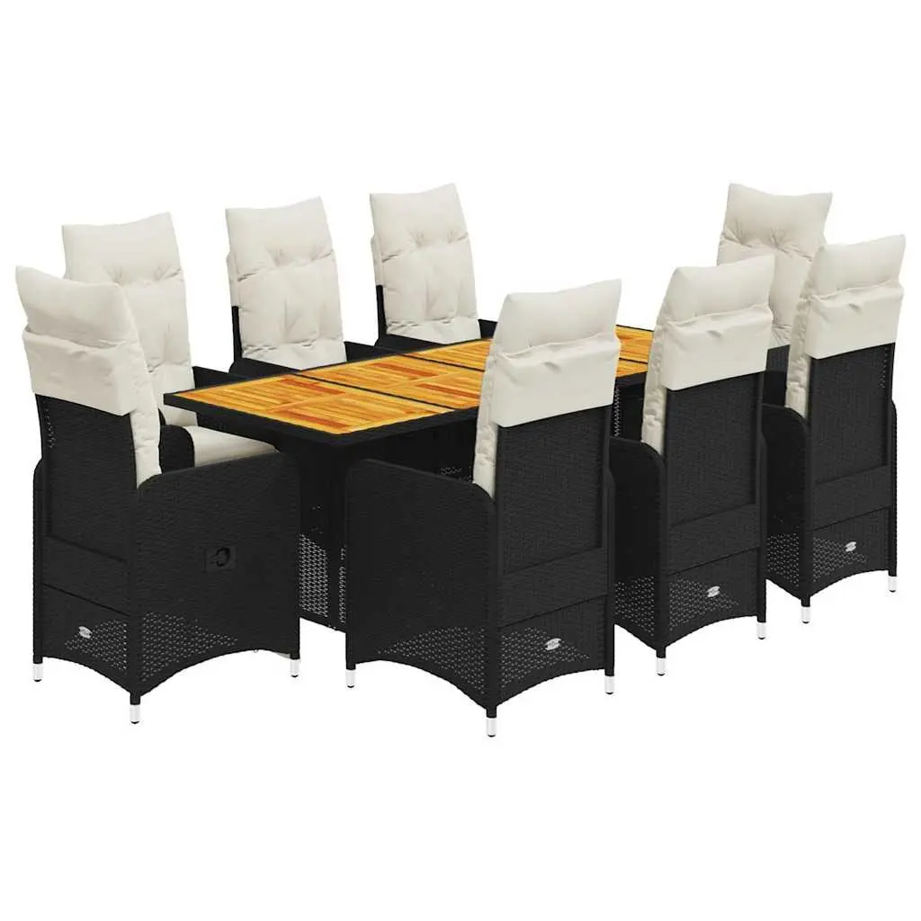 9 Piece Garden Bistro Set Outdoor Furniture Black Poly Rattan Padded Cushions