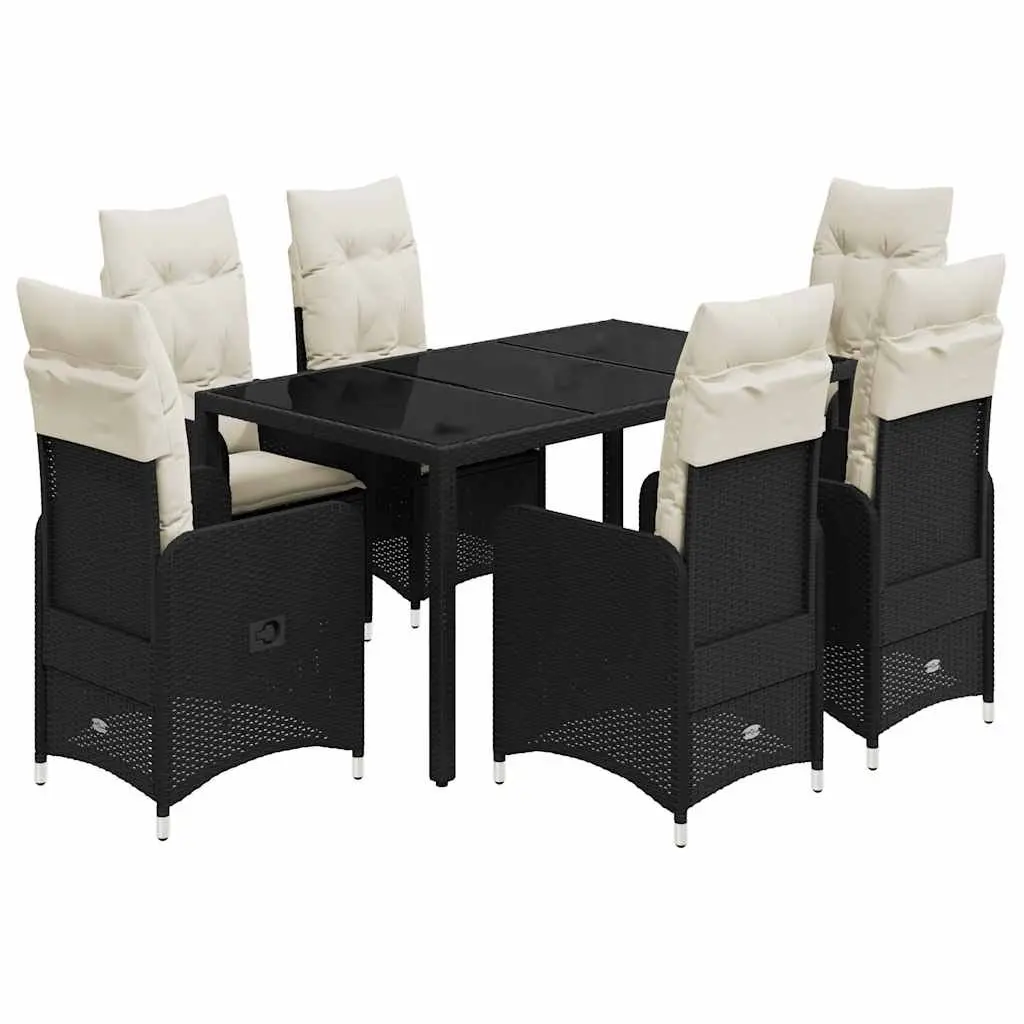 7 Piece Outdoor Bistro Set Black Poly Rattan Cushions Tempered Glass Table