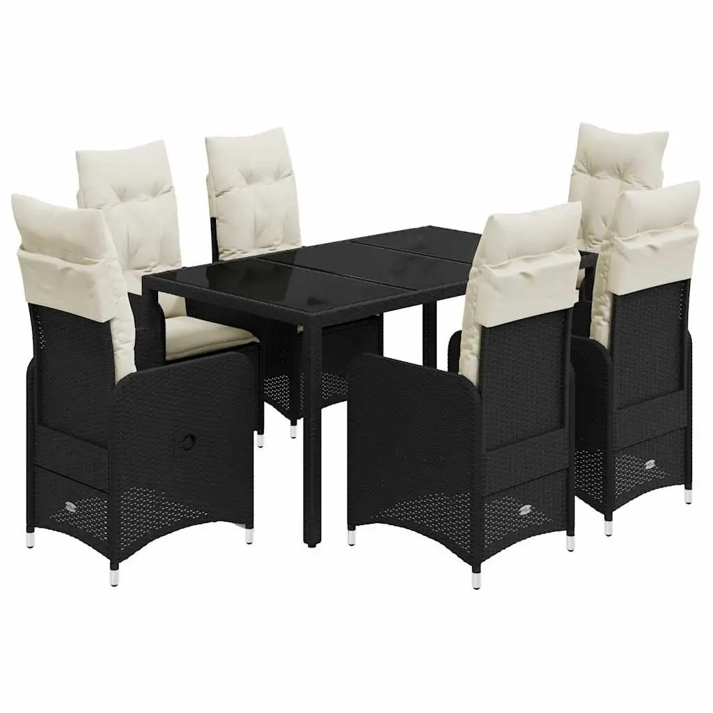Outdoor Bistro Set 7 Piece Black Poly Rattan with Cushions Adjustable Backrest Tempered Glass Table