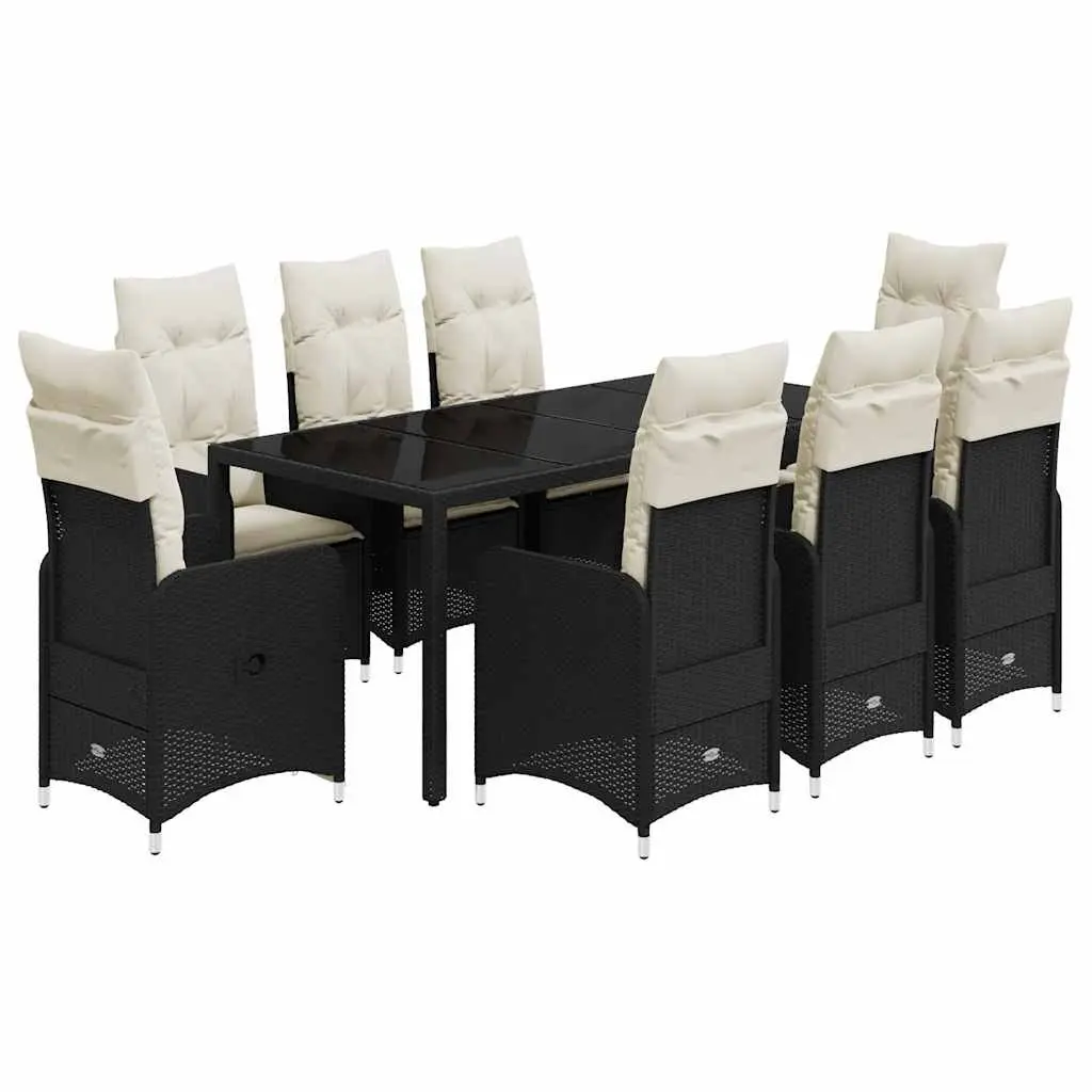 9PieceOutdoorGardenBistroSetBlackPolyRattanFurniturewithCushionsandTemperedGlassTop