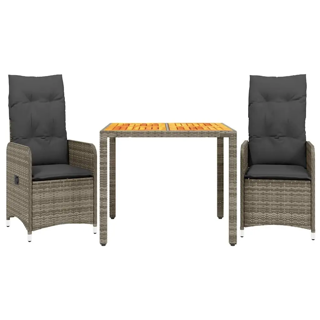 Bistro Set Outdoor Furniture Grey Poly Rattan 3 Piece with Cushions