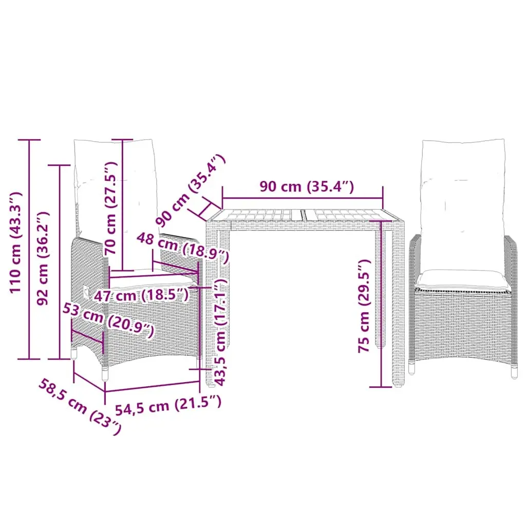 Bistro Set Outdoor Furniture Grey Poly Rattan 3 Piece with Cushions