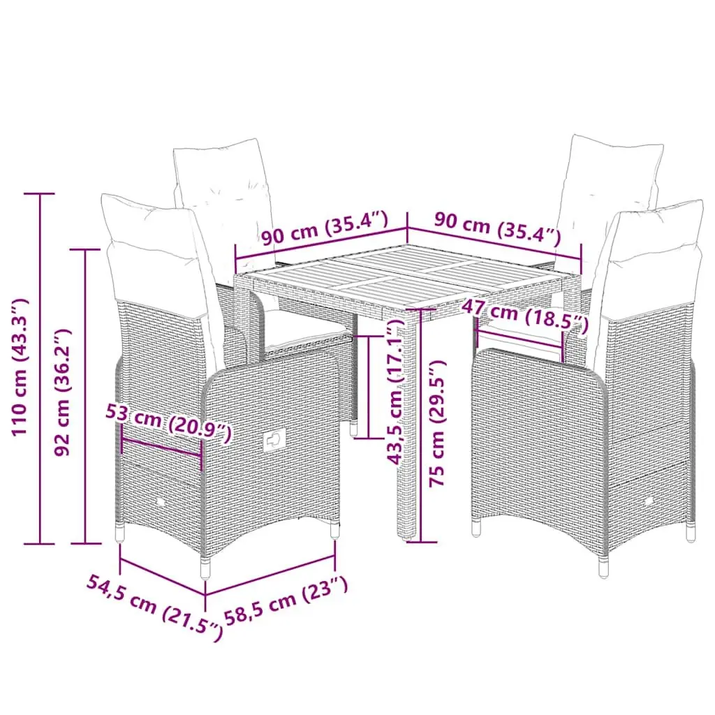 Grey 5-Piece Outdoor Bistro Set Garden Furniture with Cushions Poly Rattan