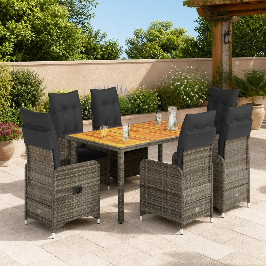 Garden Bistro Set Grey Poly Rattan 7 Piece Outdoor Furniture with Cushions