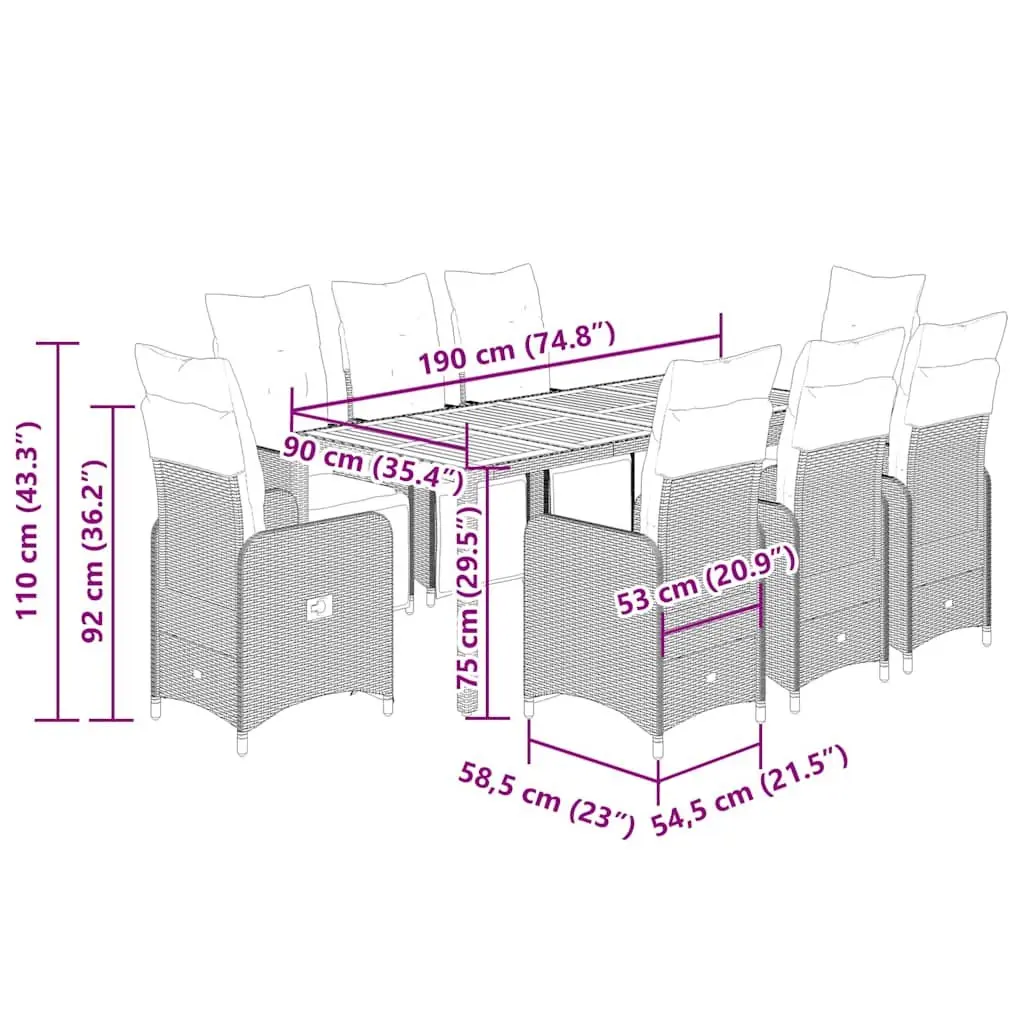 9 Piece Garden Bistro Set Outdoor Furniture Dining Table Chairs with Cushions