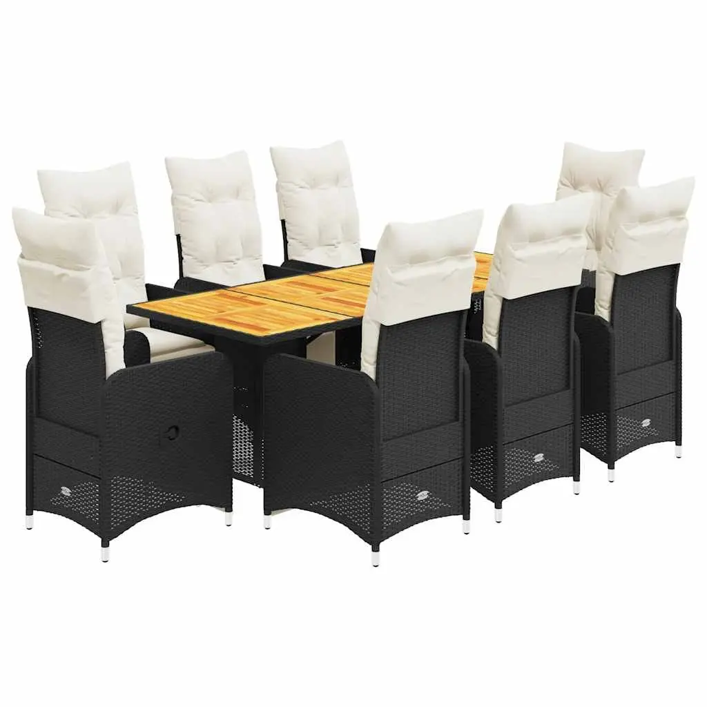 Garden Bistro Set 9 Piece Outdoor Furniture Black Poly Rattan with Cushions