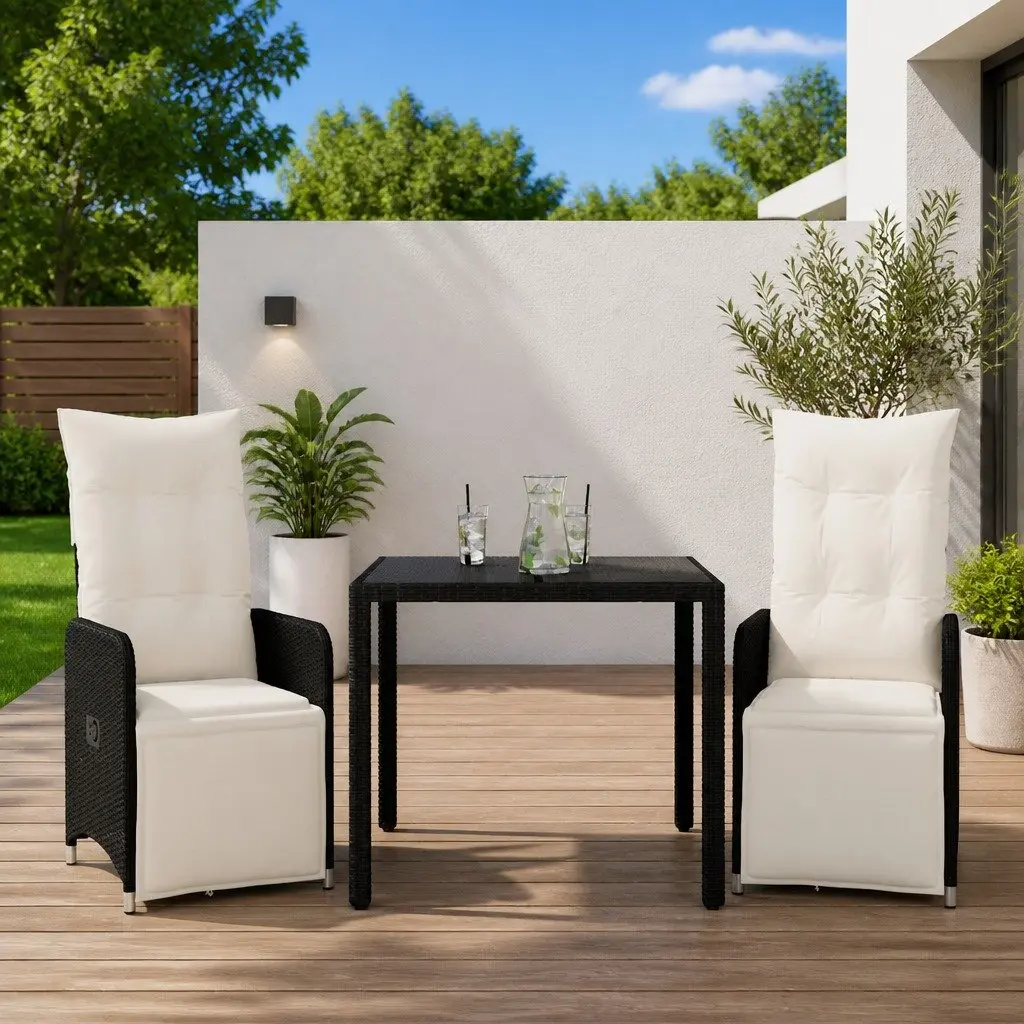 3 Piece Garden Bistro Set Adjustable Backrest Cushions Black Poly Rattan Outdoor Furniture