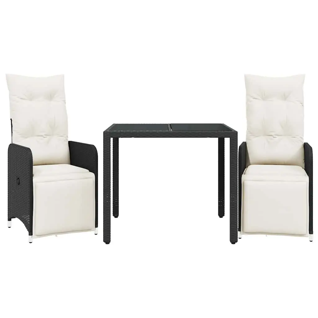 3 Piece Garden Bistro Set Adjustable Backrest Cushions Black Poly Rattan Outdoor Furniture