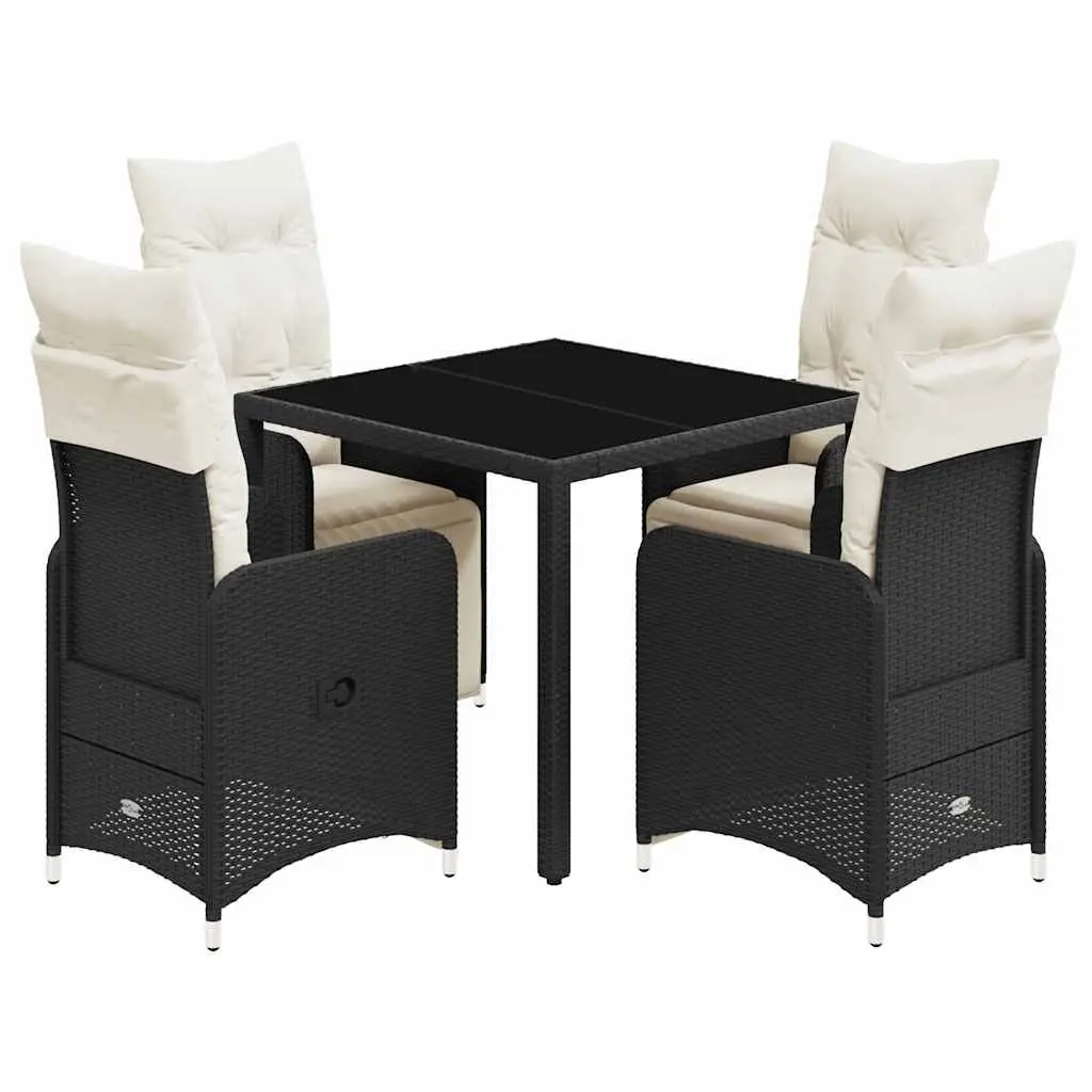5 Piece Outdoor Bistro Set Black PE Rattan with Cushions and Tempered Glass Table