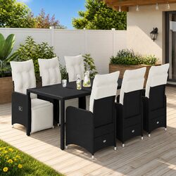 7 Piece Outdoor Bistro Set Garden Furniture Black Poly Rattan with Cushions