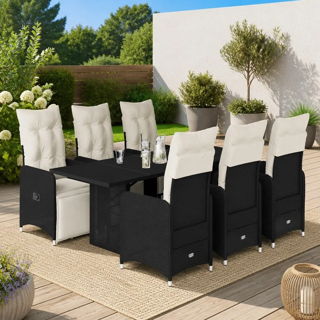 7 Piece Outdoor Bistro Set Black Poly Rattan Garden Furniture with Cushions