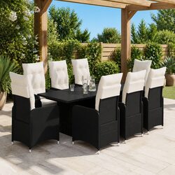 9 Piece Outdoor Garden Bistro Set Black Poly Rattan Chair Table Cushions