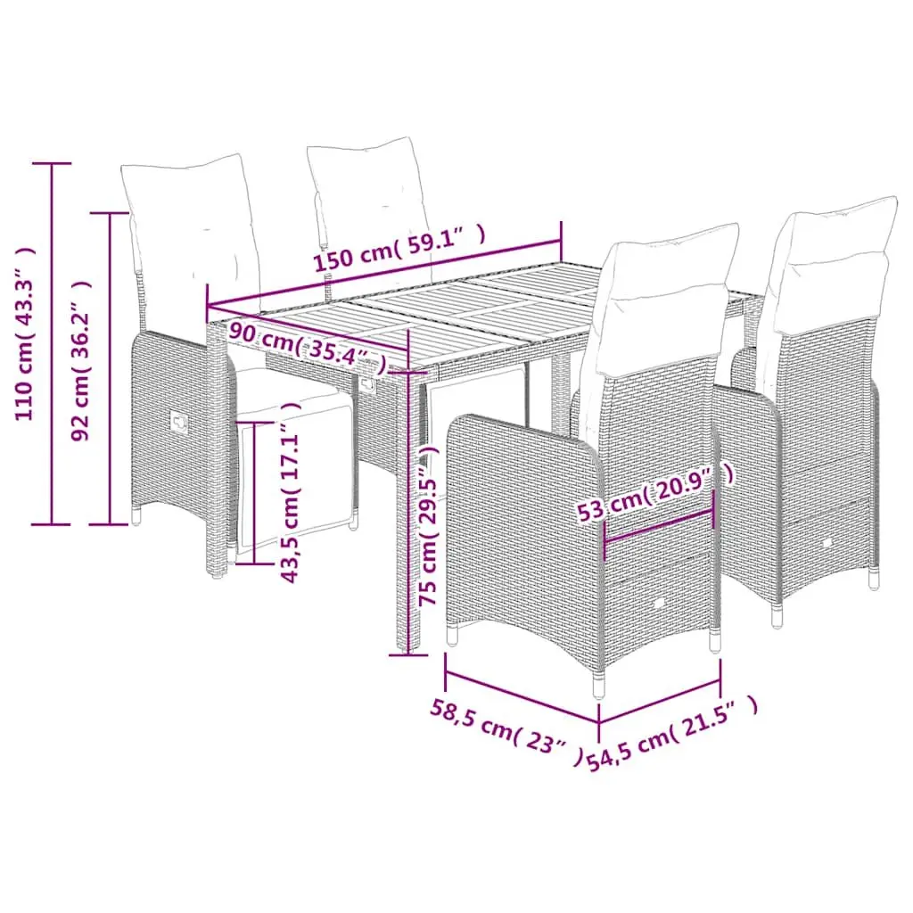 Garden Bistro Set 5 Piece Grey Poly Rattan Outdoor Furniture with Cushions