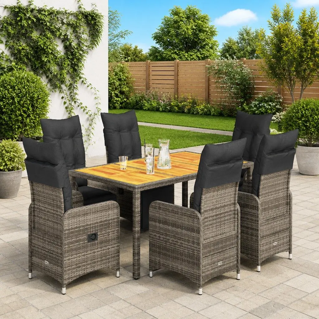 7 Piece Garden Bistro Set with Cushions Grey Poly Rattan Outdoor Furniture