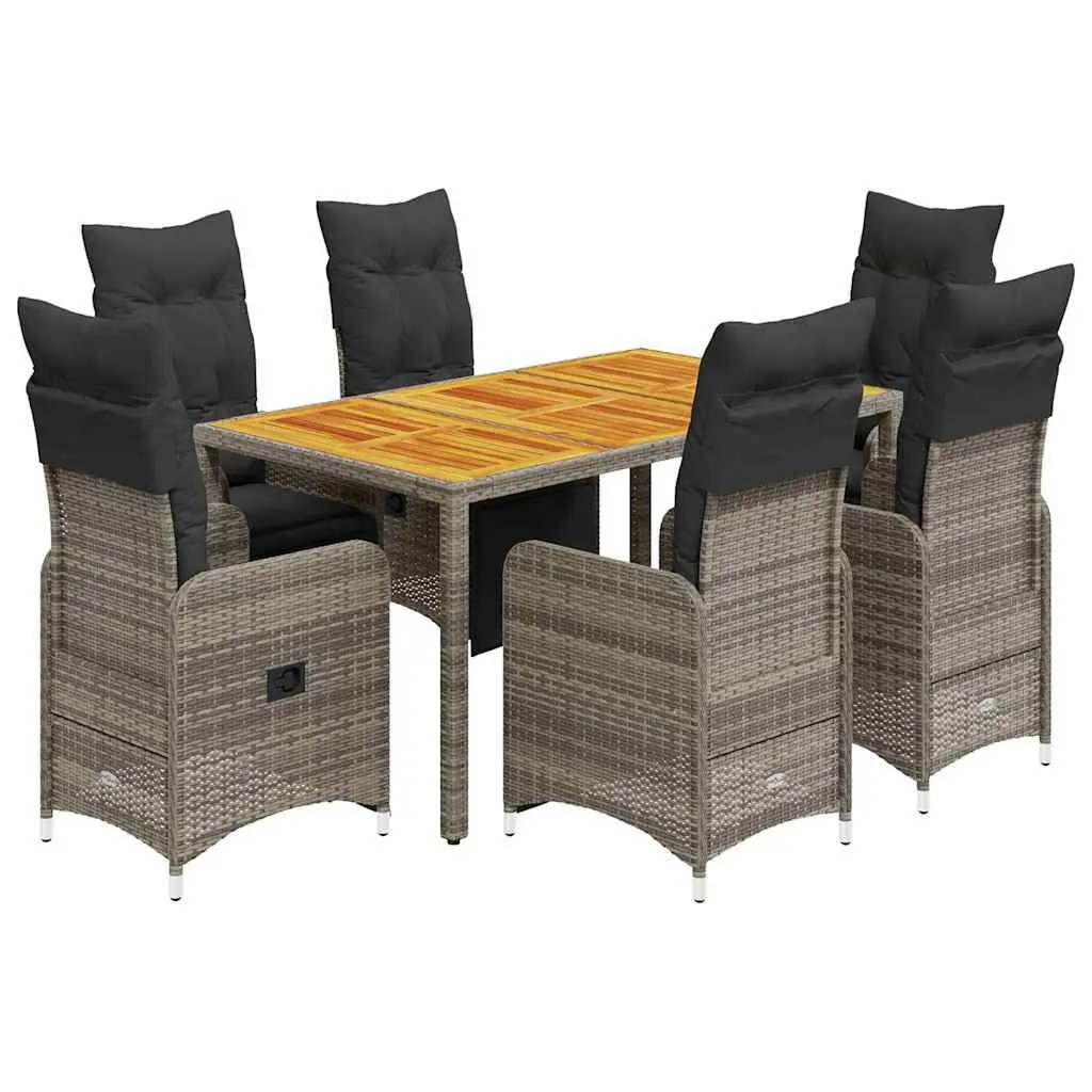 7 Piece Garden Bistro Set with Cushions Grey Poly Rattan Outdoor Furniture