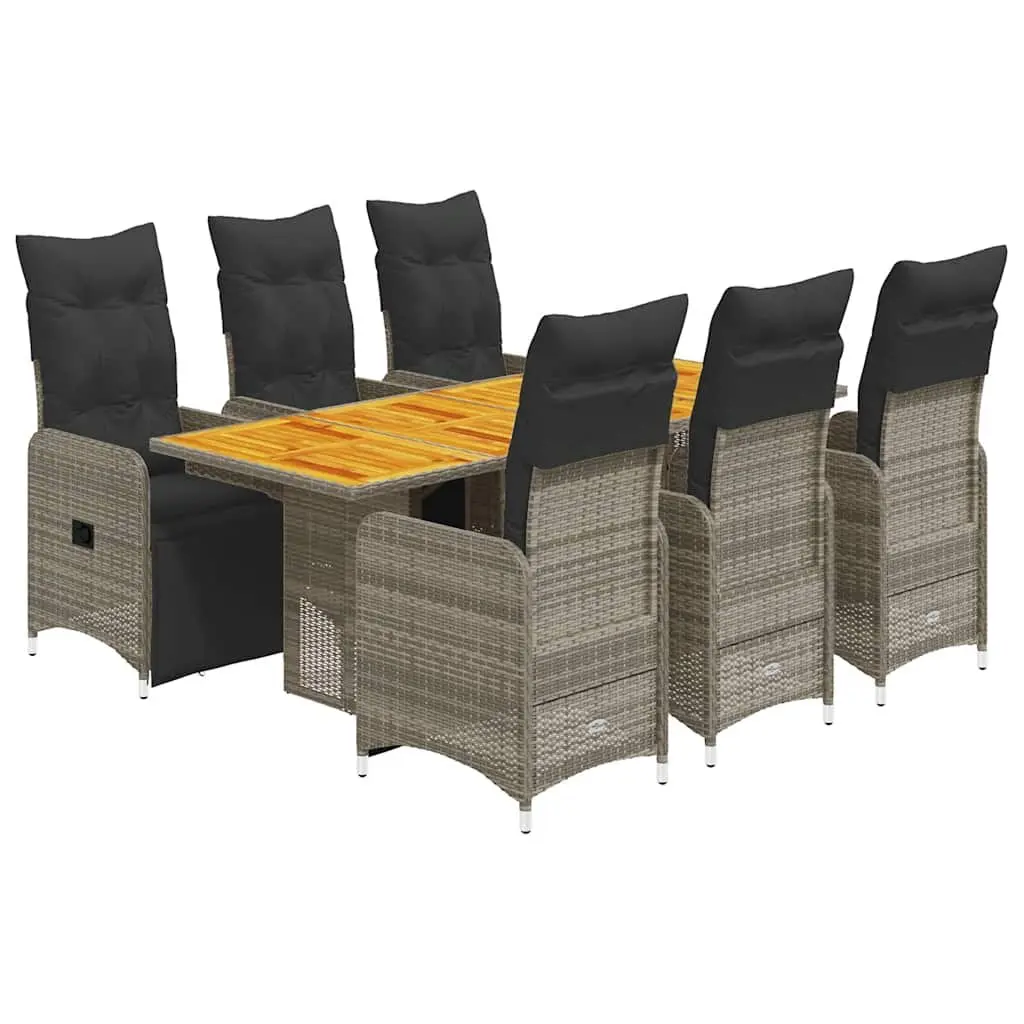 Garden Bistro Set 7 Piece Grey Poly Rattan Chairs Table with Adjustable Backrest and Footrest