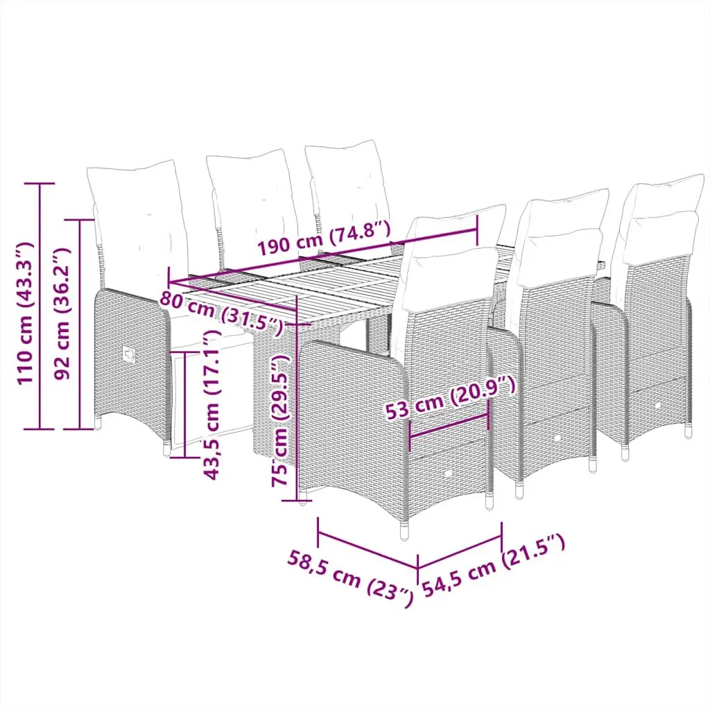 Garden Bistro Set 7 Piece Grey Poly Rattan Chairs Table with Adjustable Backrest and Footrest