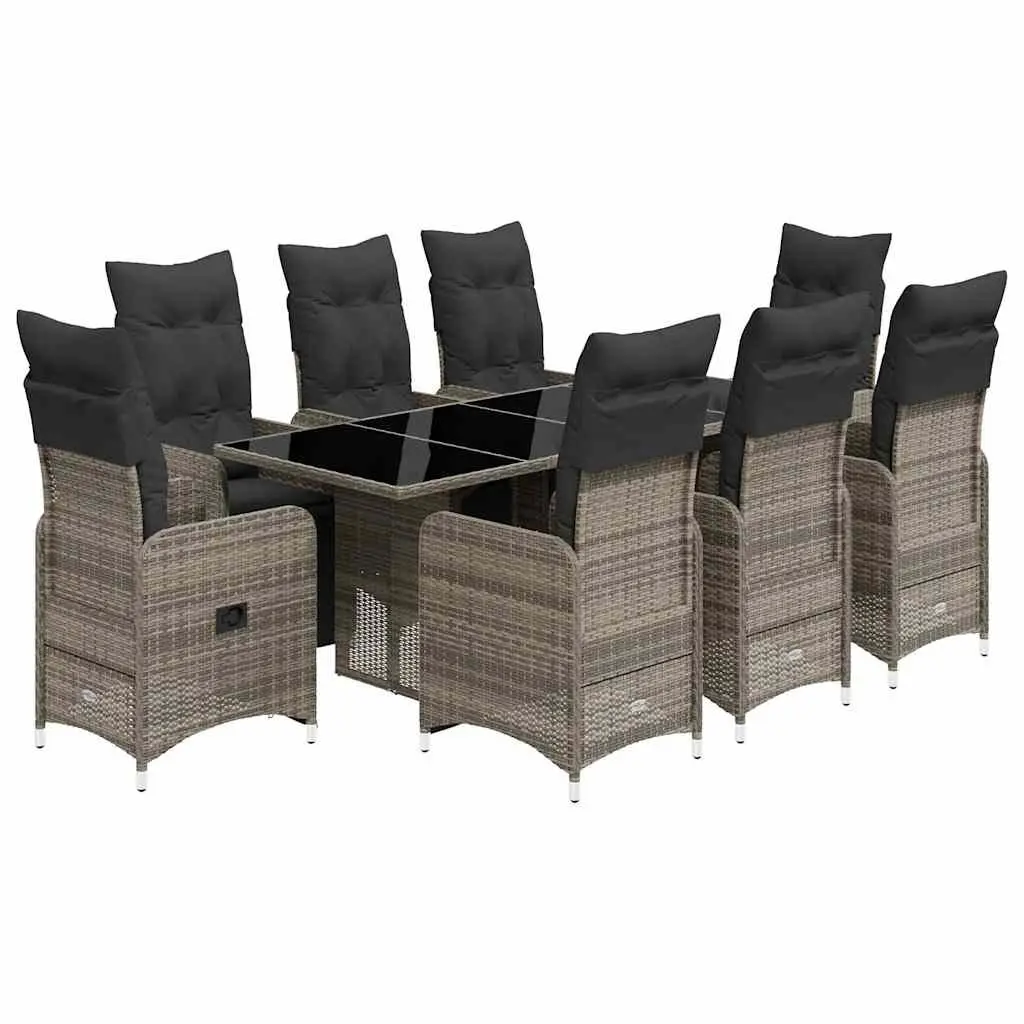 Garden Bistro Set 9 Piece Outdoor Furniture Grey Poly Rattan with Cushions