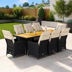 9 Piece Outdoor Garden Bistro Dining Set with Cushions Black Poly Rattan